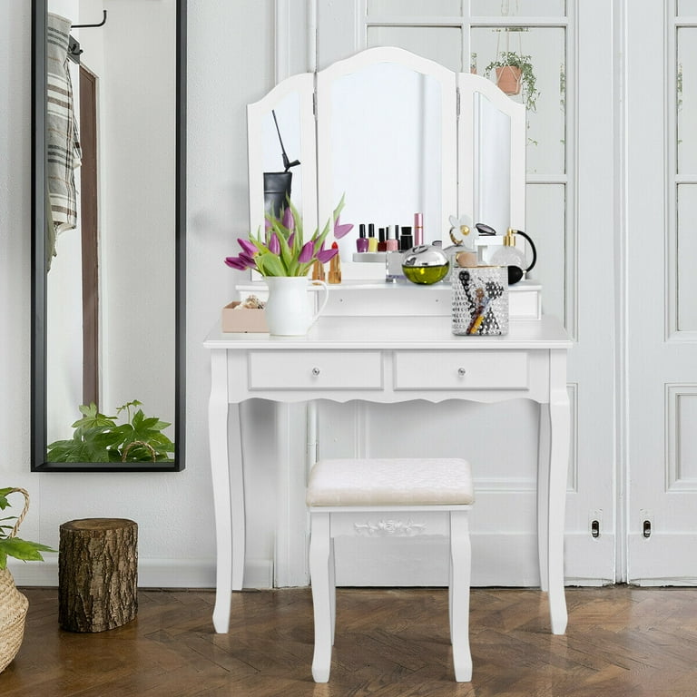Costway Makeup Table Stool Set Tri Folding Mirror Vanity White