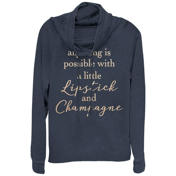 Junior's CHIN UP Lipstick and Champagne  Cowl Neck Sweatshirt Navy Blue Small