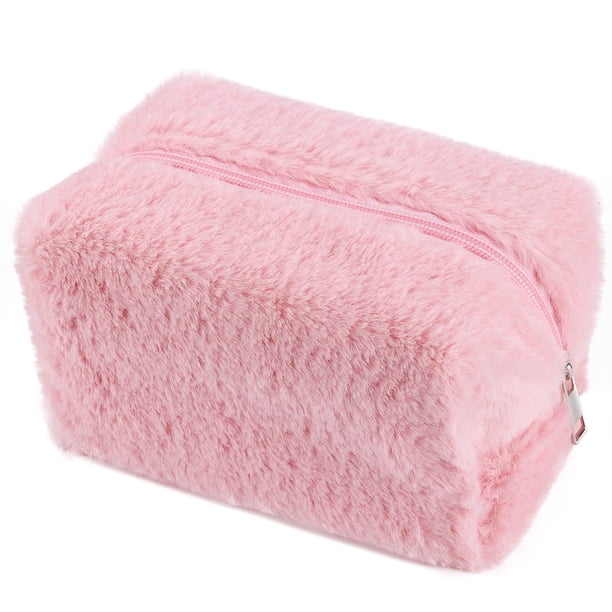 Bolsa de maquillaje para mujer, bolsa de viaje mediana para cosméticos, bonita bolsa de maquillaje de felpa rosa para monedero, organizador de artículos de tocador con cremallera