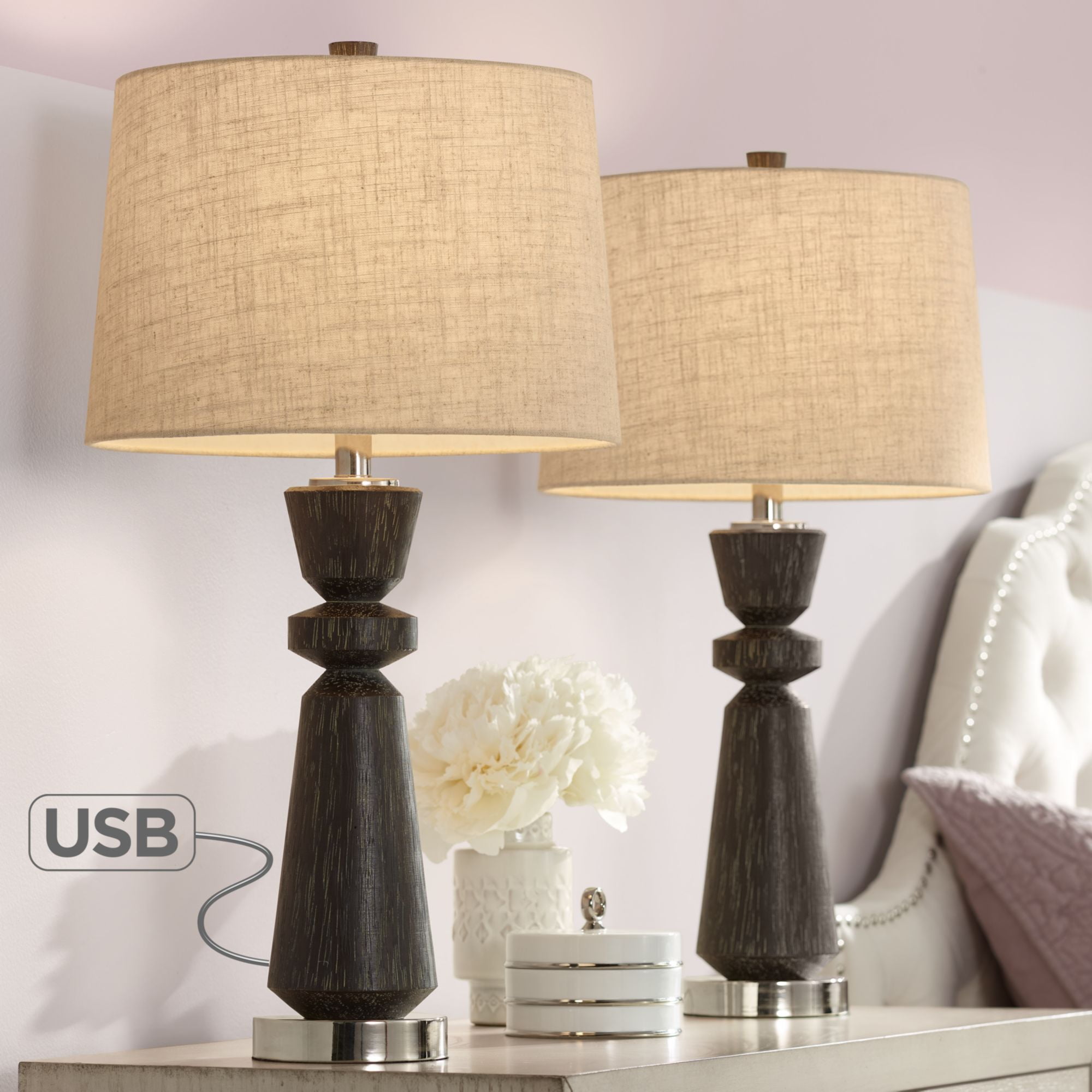 Regency Hill Modern Table Lamps Set Of 2 With Usb Port Natural Wood Grain Oatmeal Drum Shade For Living Room Bedroom Office Family