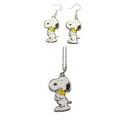 Peanuts Cartoon Dog Holding Woodstock Metal Pendant Necklace and Earring Set