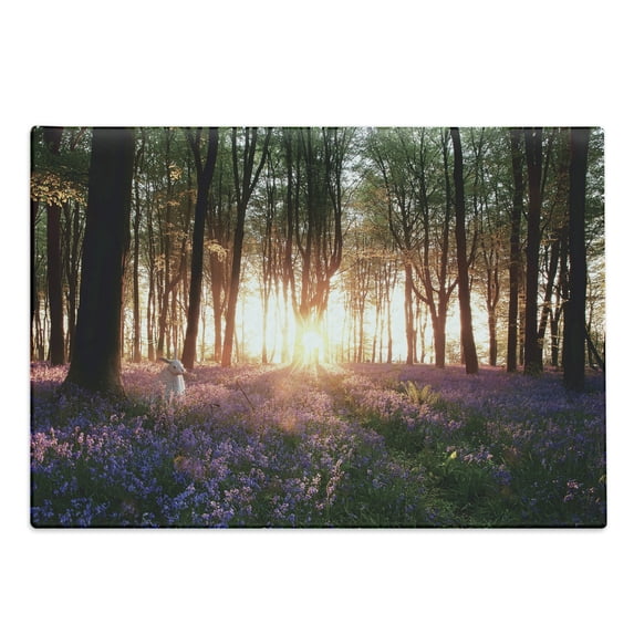 Forest Cutting Board, Bluebell Woods Sunrise with White Rabbit Sunny Spring Day in Woodland, Decorative Tempered Glass Cutting and Serving Board, Large Size, Purple Green, by Ambesonne