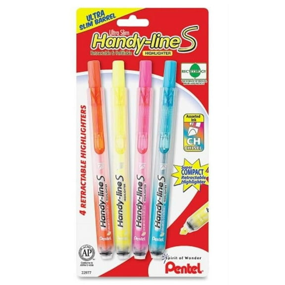 Pentel Of America SXS15BP4M Handy-line S Retractable & Refillable Highlighter, ASST, 4/Pk