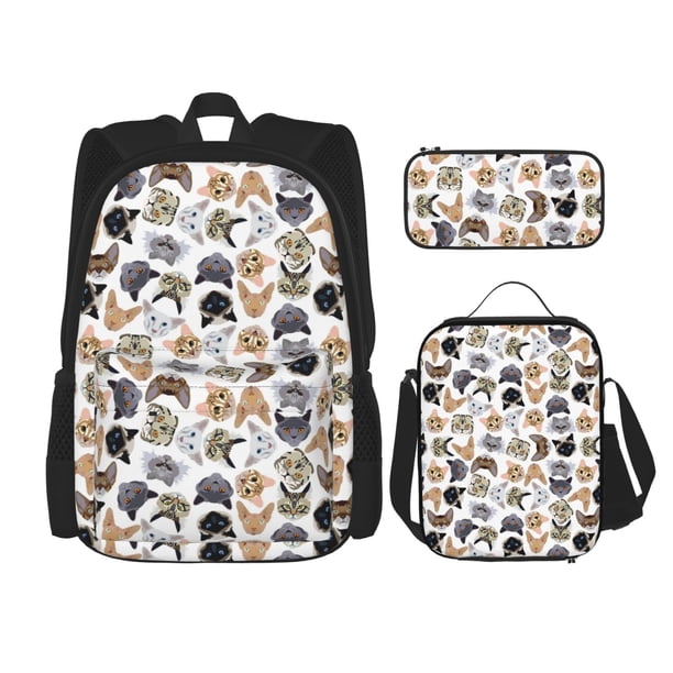 Easygdp Cute Cats Mochila para Niños y Niñas con Set de Caja de Almuerzo y Estuche para Lápices 3 en 1, Mochila Escolar Estampada para Adolescentes