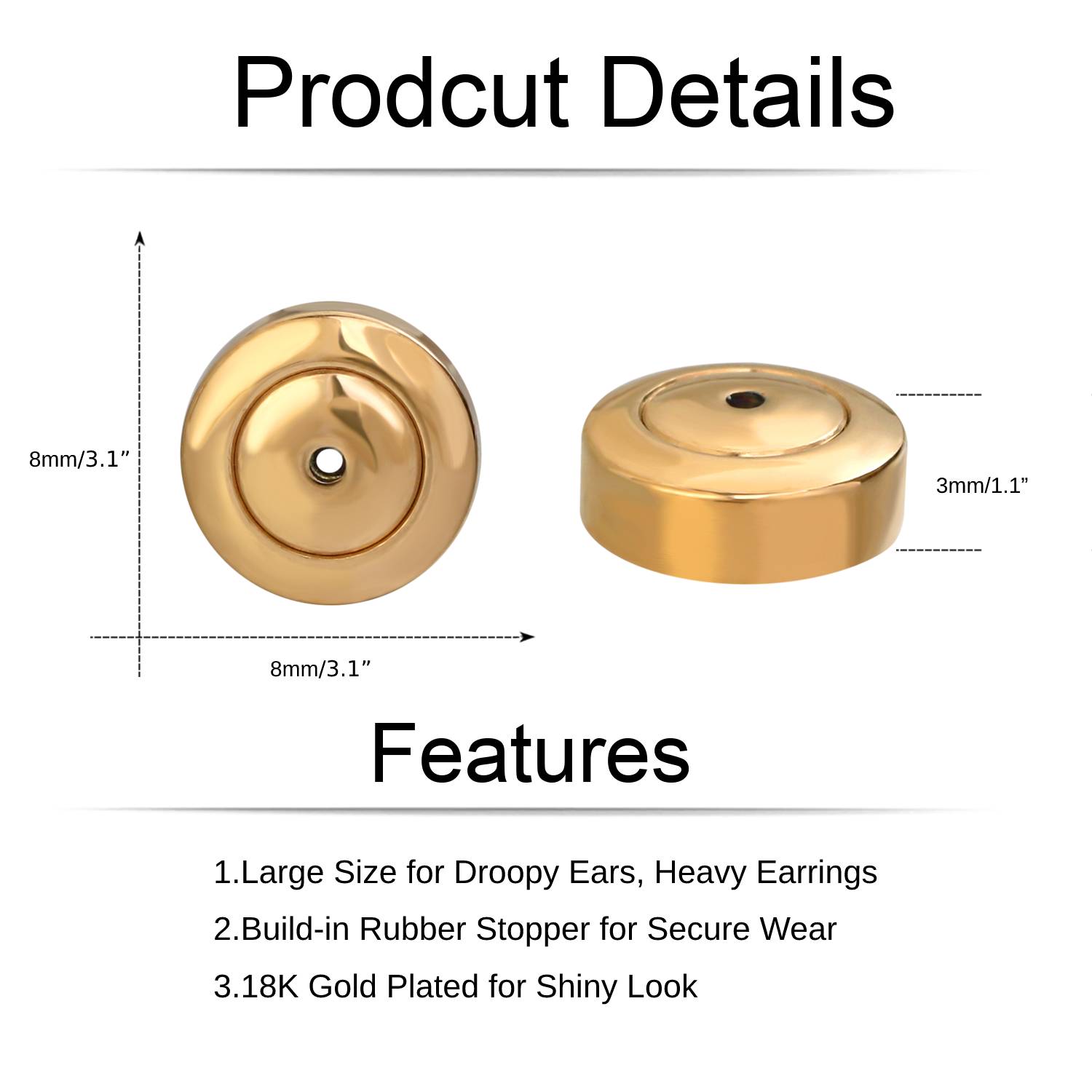 Gold Earring Backs, JIACHARMED Disc Earring Backs - Set of 46Large 18K Gold Pierced Earring Replacements for Droopy Ears Heavy Earrings, Studs, and Diamonds - Durable and Elegant Design