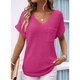 thumbnail image 2 of Camiseta Básica Informal de Punto Gofre con Cuello en V para Mujer, Corta, Color Rosa Rojo, Talla M, 2 of 4