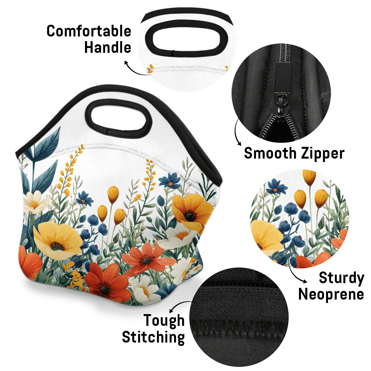 Herdesigns Watercolor Floral Neoprene Lunch Bag, Colorful Flower Insulated Lunch Box for Women Men Washable Lunch Tote Soft Lunch Container With Zipper for Work Picnic Travel
