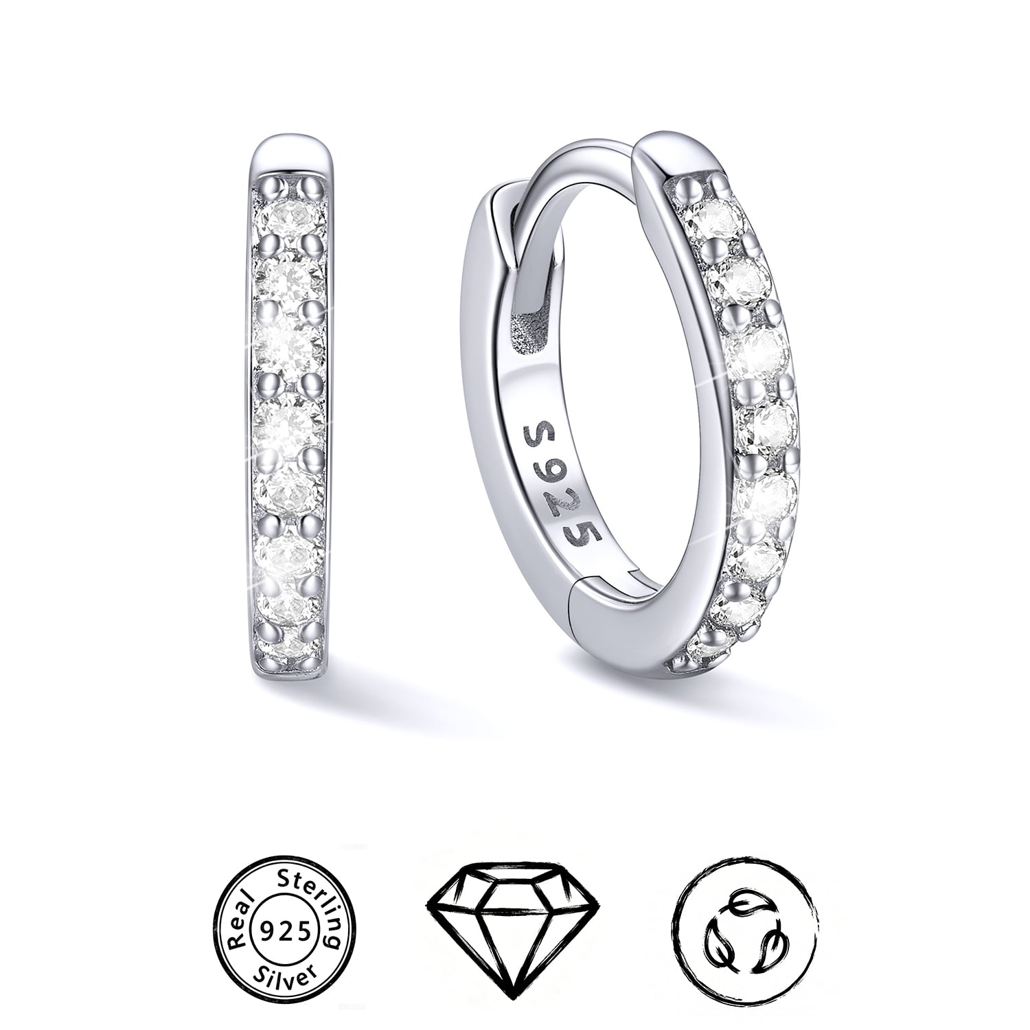 ChicSilver 925 Sterling Silver Huggie Hoop Earrings or Women Cubic Zirconia 8mm Cartilage Earrings Small Silver Hoops Lightweight Hypoallergenic Jewelry Christmas Birthday Gifts for Her Mom Wife