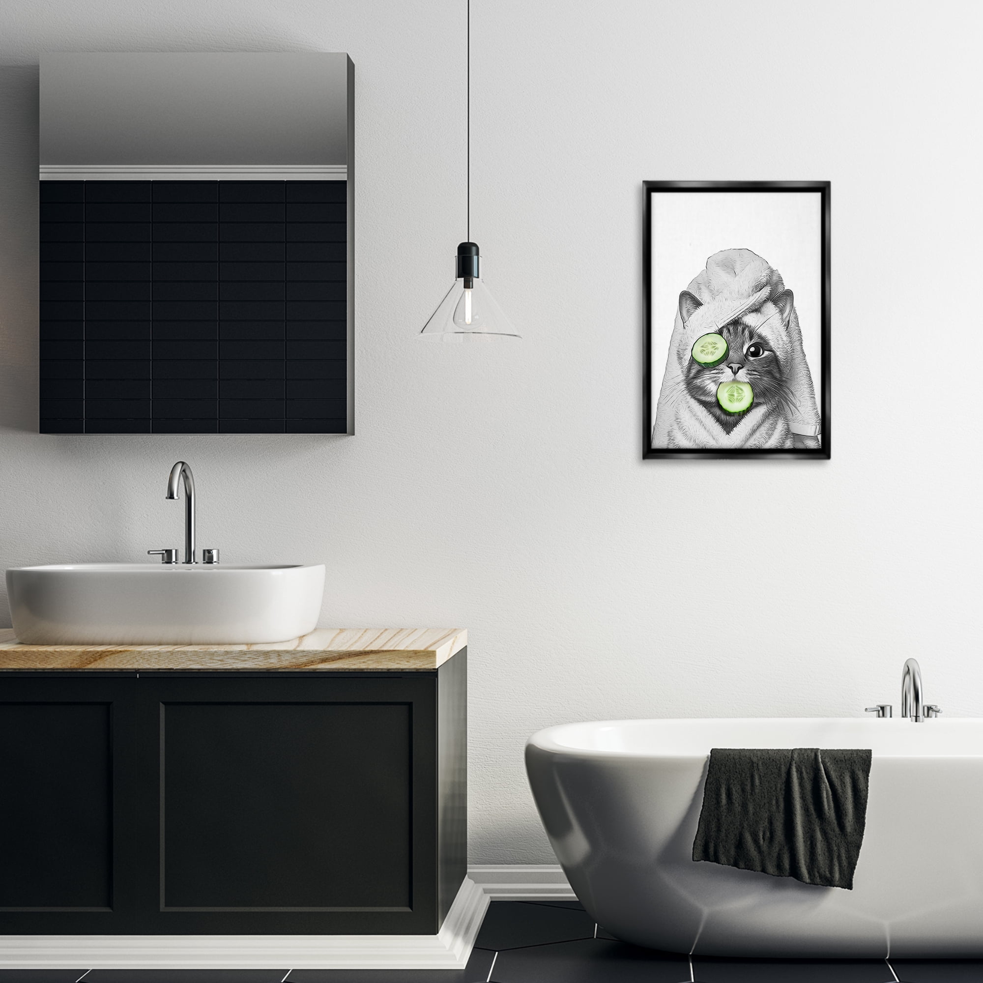 Stupell Industries Spa Bath Day Cat Typography Painting Black Floater Framed Canvas Art Print Wall Art, 17 x 25