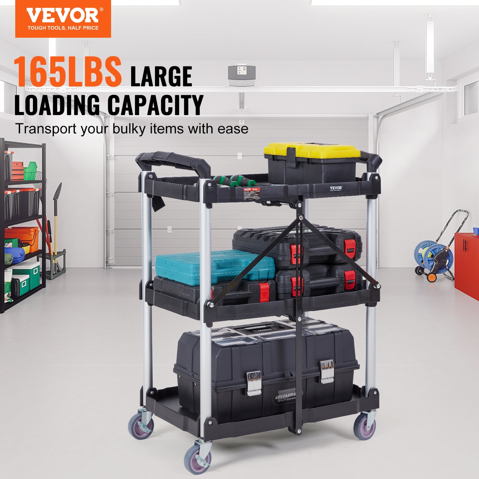 VEVOR Foldable Utility Service Cart, 3 Shelf 165LBS Heavy Duty Plastic Rolling Cart with Lockable Wheels, Ergonomic Handle, Portable Garage Tool Cart for Warehouse/Office/Home(25.62"x15.43"x32.76")