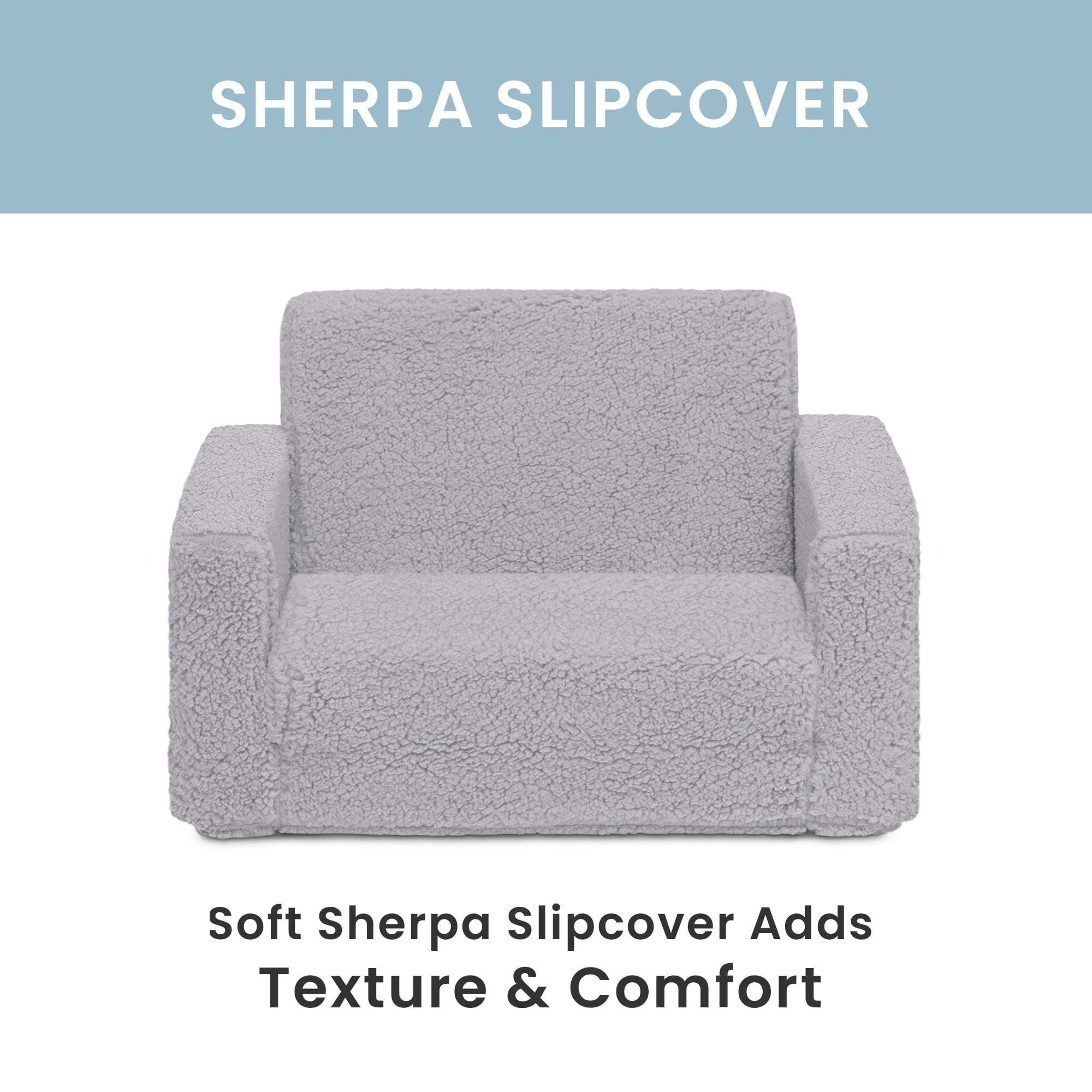Delta Children Cozee Flip-Out Sherpa 2-in-1 Convertible Chair to Lounger for Kids, Grey