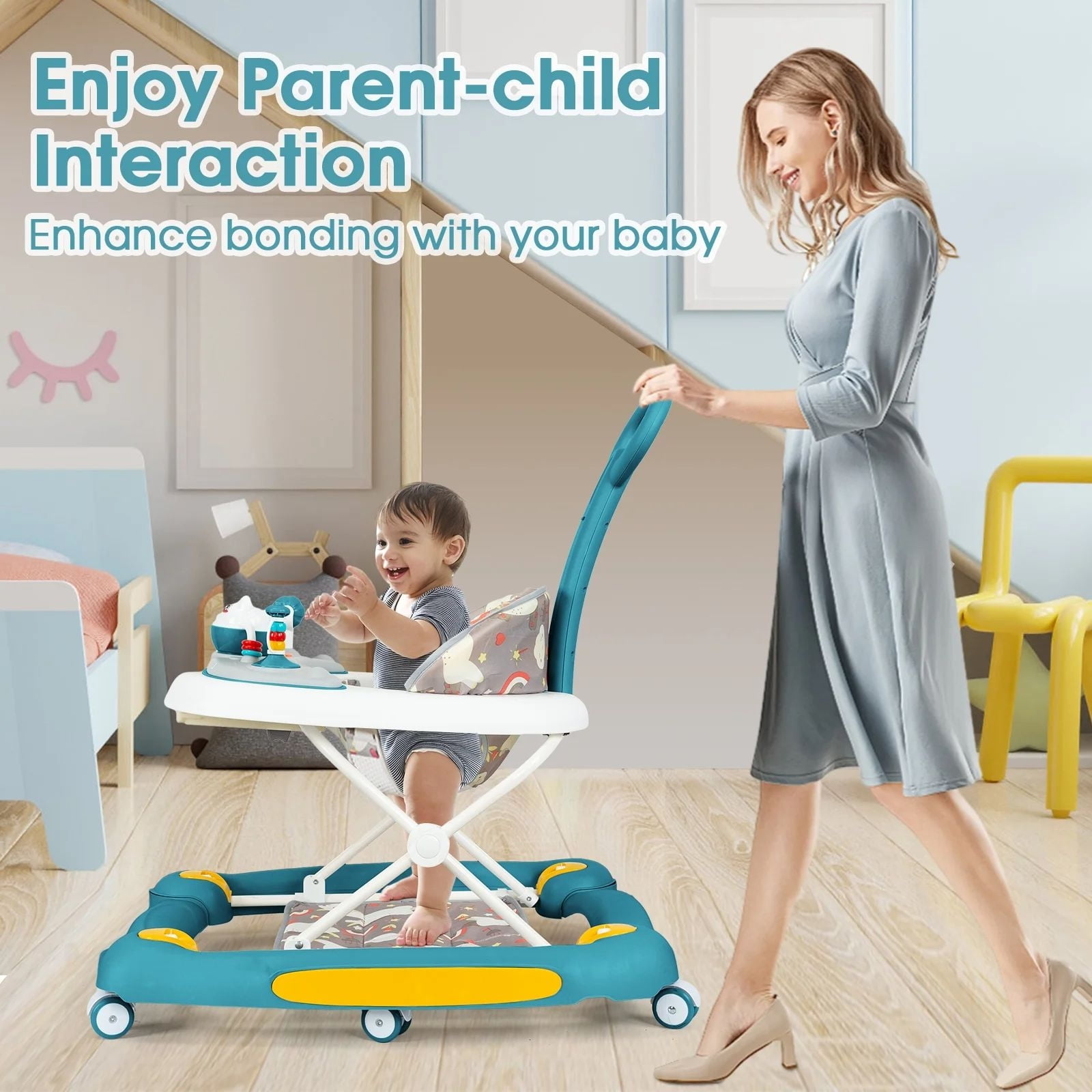 HDUTNGISN Green 6-in-1 Foldable Baby Walker for 6-24 Months,Bouncer,Tray & Music