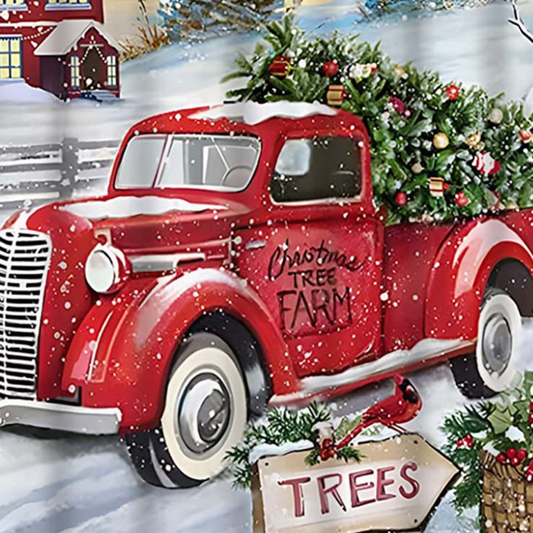 Merry Christmas Red Vintage Truck Shower Curtain Tree Winter Snow