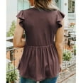 thumbnail image 4 of Women Casual Top Ruffle Short Sleeves V Neck Splicing Loose Hem Ribbed Lady Blouse for Spring Summer Brick Red S, 4 of 6