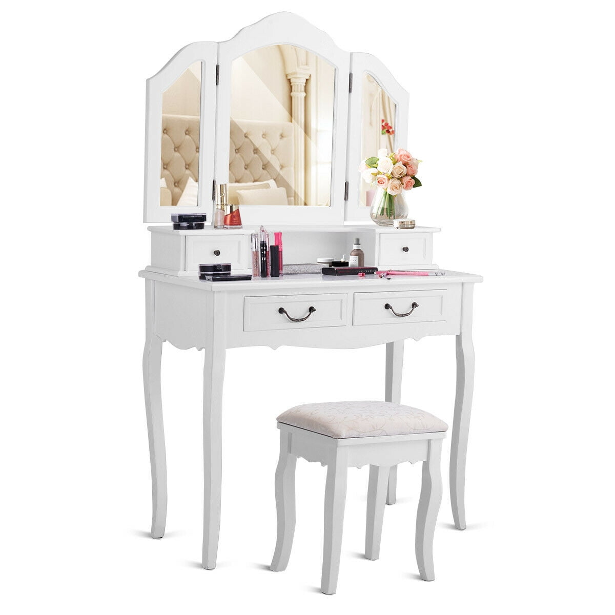Vanity Set With Stool Makeup Vanity Set W Tri Fold Mirror Women Wood Dressing Table W 4 Drawers Cushioned Stool Bedroom Furniture Black