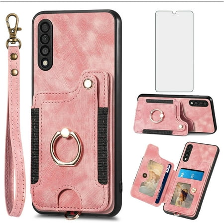 Phone Case for Samsung Galaxy A50 A50S A30S Wallet Cover with Screen Protector and Wrist Strap Lanyard RFID Credit Card Holder Ring Stand Cell Accessories A 50 50S 30S S50 50A SM A505G Women Men Pink