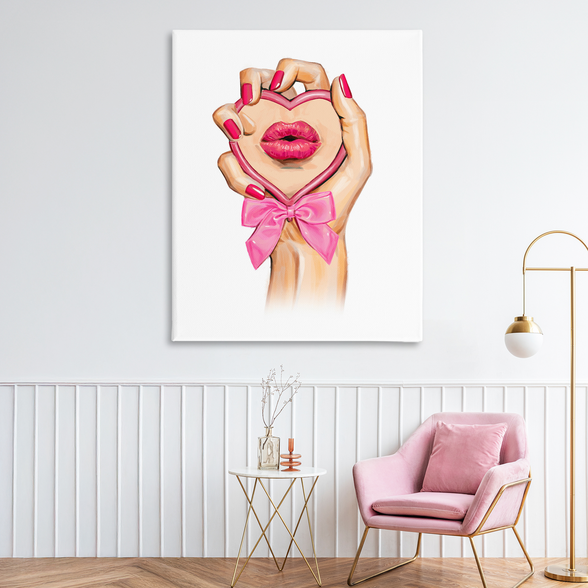 Pink Lips in Mirror Canvas Wall Art, design by Ziwei Li