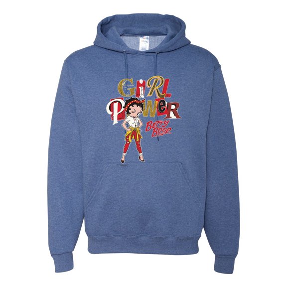 Wild Bobby, Betty Boop Winking Girl Power Femenist Betty Boop Unisex Hoodie Sweatshirt, Vintage Heather Blue, X-Large