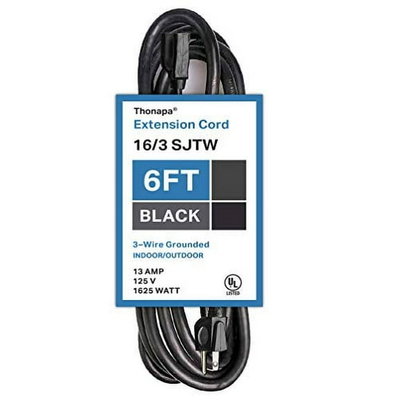 Thonapa 6 Ft Black Extension Cord - 16/3 Electrical Cable with 3 Prong Grounded Plug for Safety