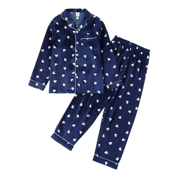 SonxaHe Big Girl's Sleepwear Outfits Heart Print Lapel Satin Shirt Pants Kids Soft Loose Comfortable Nightwear Outfit Set Blue,Sized 11-12