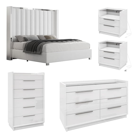 Amerlife 5-Piece Queen Bedroom Set with Upholstered Bed, Dresser, Chest and Charging Nightstands, White High Gloss