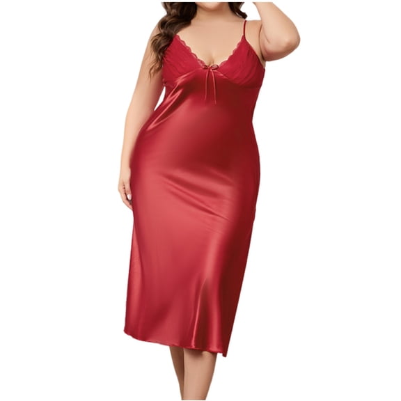 Posijego XL-3XL Womens Satin Nightgowns Silk Pajama Dress Adjustable Spaghetti Straps Lace V Neck Nightdress