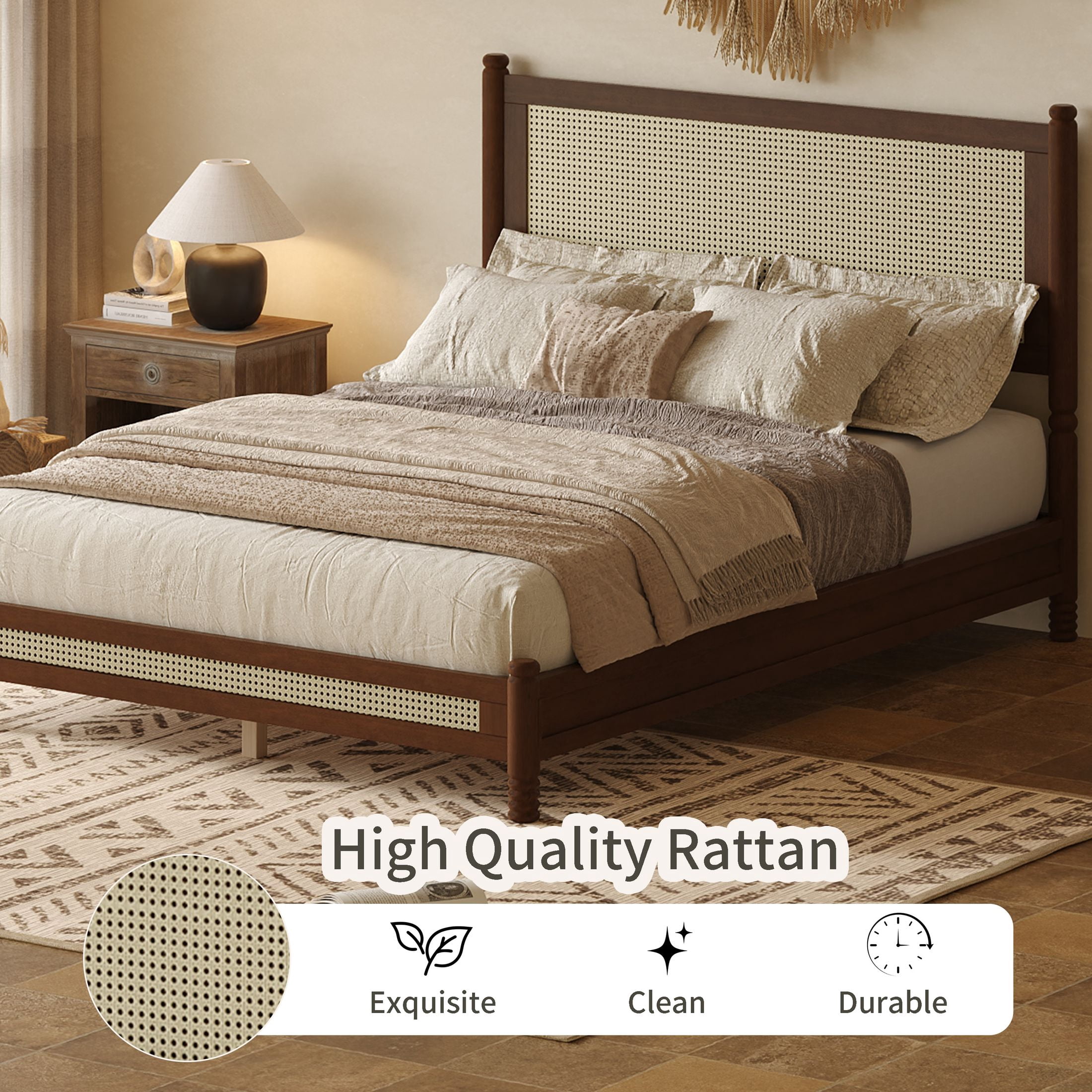 GDF Studio Annes Full Size Boho Rattan Platform Bed Frame with Turned Legs, Woven Cane Pine Wood Bed Frame, Walnut