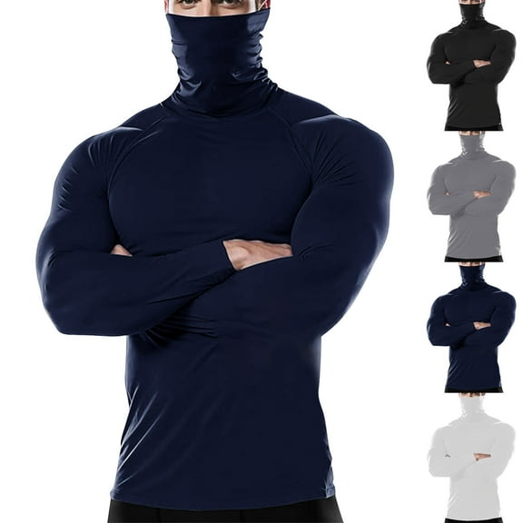 Stamzod Mens Workout Shirts with Mask Solid Color Long Sleeve Pullover Tops Casual Gym Athletic Shirts for Men Black XL