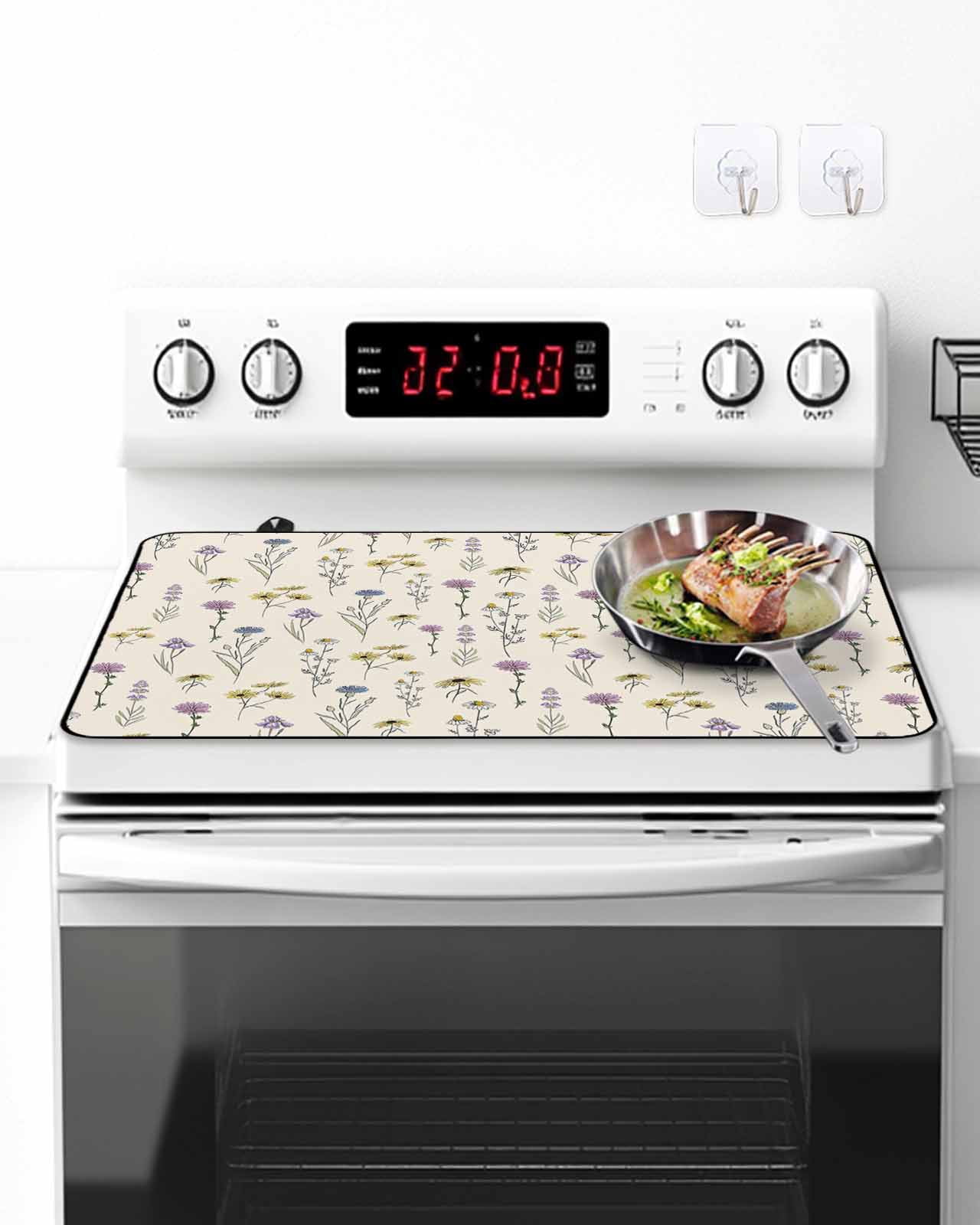 Stove Top Covers for Electric Stove, Elegant Floral Glass Stovetop Cover Protector, Watercolor Yellow Purple Blue Spring Botanical Induction Cooktop Protector Oven Mat for Kitchen Countertop 24"x21"