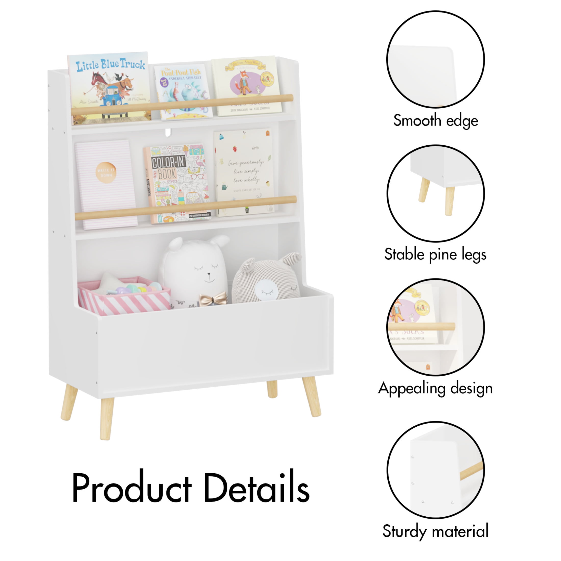 Noble House Solview Kids Bookshelf with Toy Bin, 2-Shelf Book and Magazine Rack Storage Cabinet Organizer, White