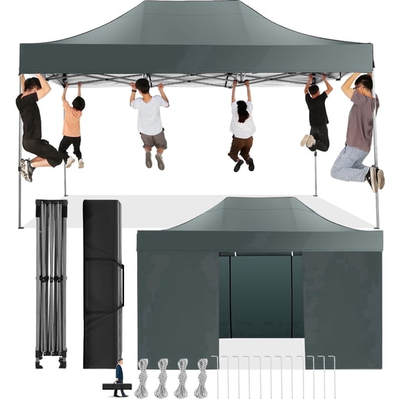 SANOPY 10x15 ft Heavy Duty Pop up Canopy Tent, Commercial Adjustable Height Party Tent with 4 Removable Sidewalls and Handbag, Gray