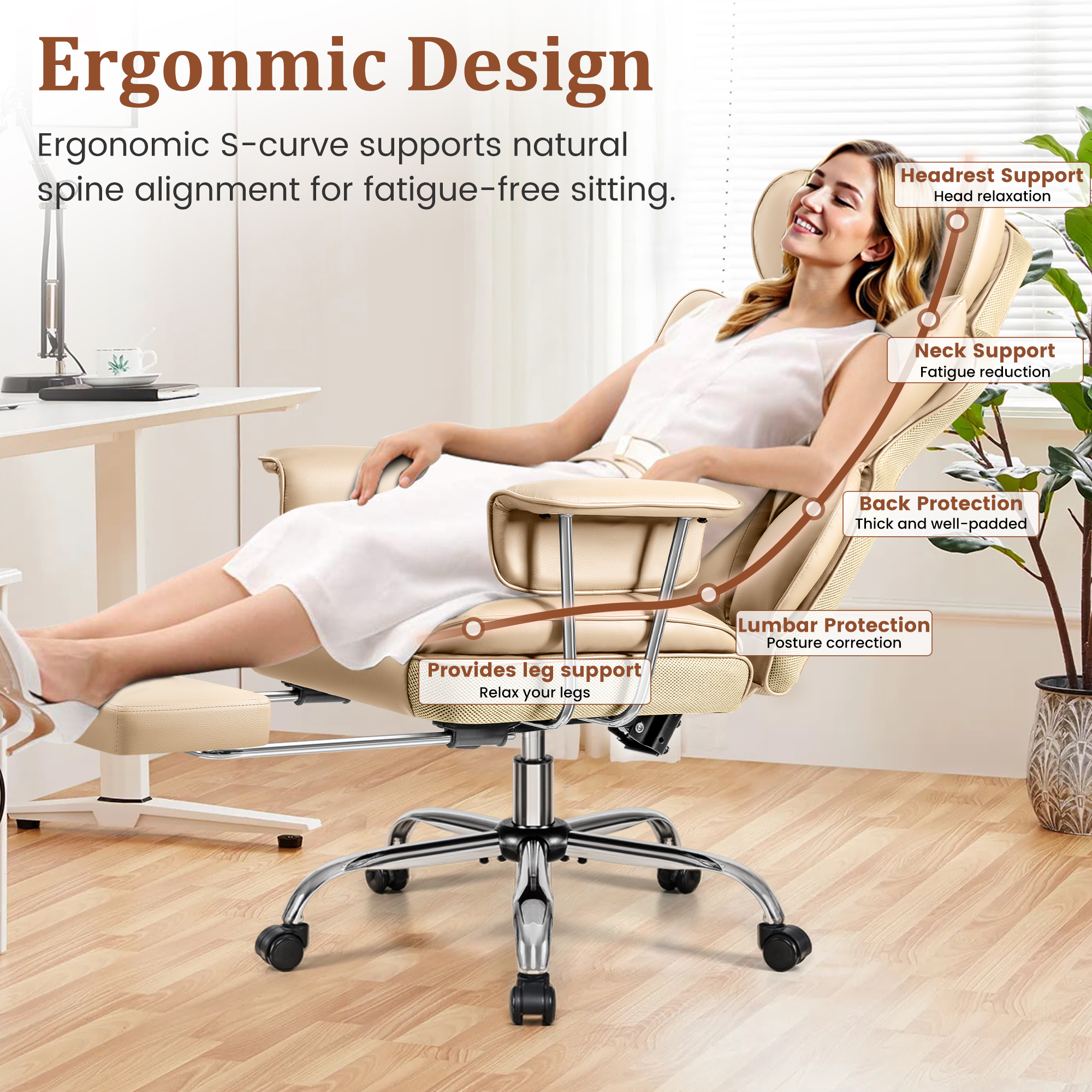 COOLHUT Big and Tall Office Chair 500LBS Wide Seat Ergonomic Computer Desk Chair, PU Leather Executive Office Chair with Footrest, Adjustable Task Chair Lumbar Back Support 8 Hour, Khaki
