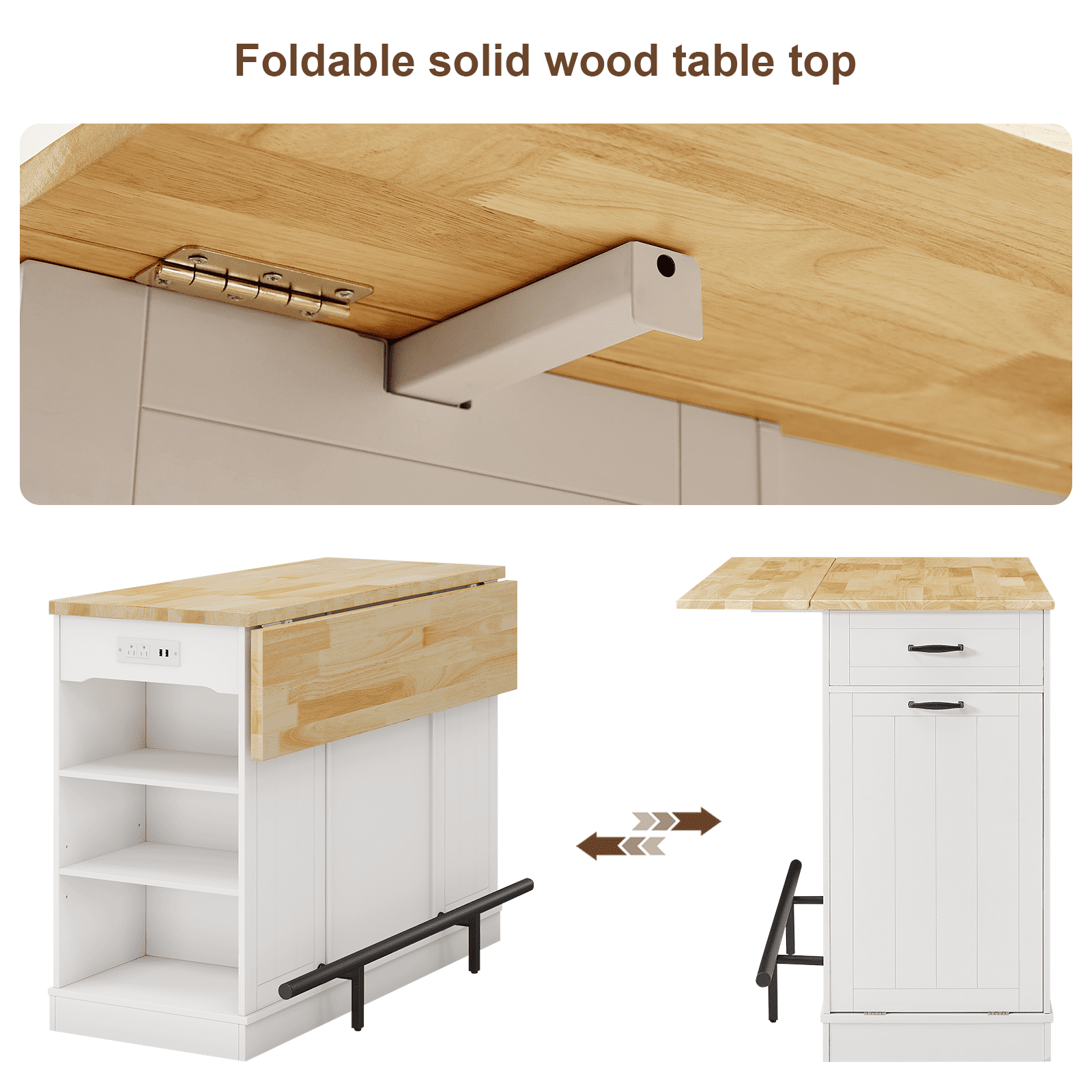 ROGALIS 47"Kitchen Island with 2 Chair, Stationary Island Table with Power Outlet, USB Ports, Spice Rack, Trash Cabinet, and Foldable Drop Leaf for Home Bar or Dining Room,White