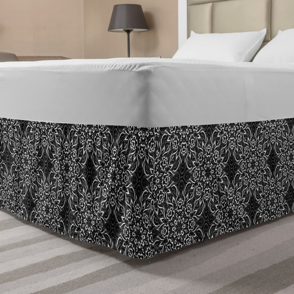 Black and White Bed Skirt, Abstract Monochrome Composition with Flowers