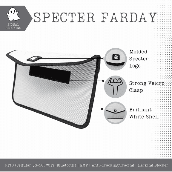 White Specter Faraday Case | Reflects RFID (Cellular 3G-5G, WiFi, Bluetooth) | EMP | Anti-Tracking/Tracing | Hacking Blocker - 9.5"x5"