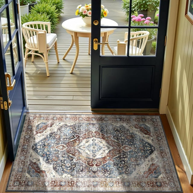 Boho Vintage Round Rug ft- Faux Wool Dreely Washable Area Rug Small Distressed Throw Rugs Floor Carpet for Door Mat Entryway Bedrooms Laundry (Round - ; Diameter Border )