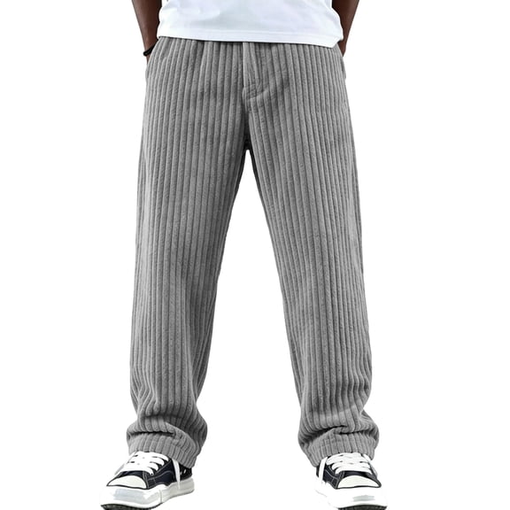GrmtClth Mens Corduroy Pants Comfort Fit Straight Trouser Classic Wide Leg Dressy Stripe Clothing Gray M