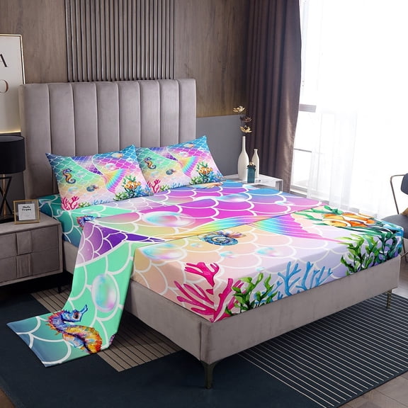 Erosebridal Cartoon Mermaid Twin Sheet Sets, Fairy Tale Bedding Twin Size, Marine Princess Reversible Bed Sheets Twin, Ultra Soft Room Decor, 3 Pieces