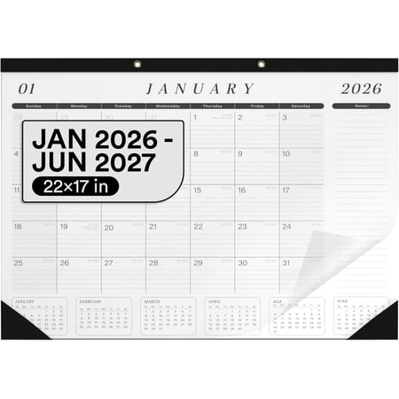 Desk Calendar 2026-2027 Large 22x17 Desk Calendar Jan 2026 - Jun 2027 Desk Blotter To-do List Planner (Black & White 1 Pack)