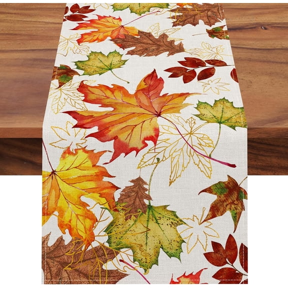 Fall Maple Leaves Table Runner, Thanksgiving Watercolor Plant Yellow Leaf Home Kitchen Decor, Autumn Harvest Seasonal Colorful Botanical Farmhouse Burlap Dining Decoration Party Supply 13x108