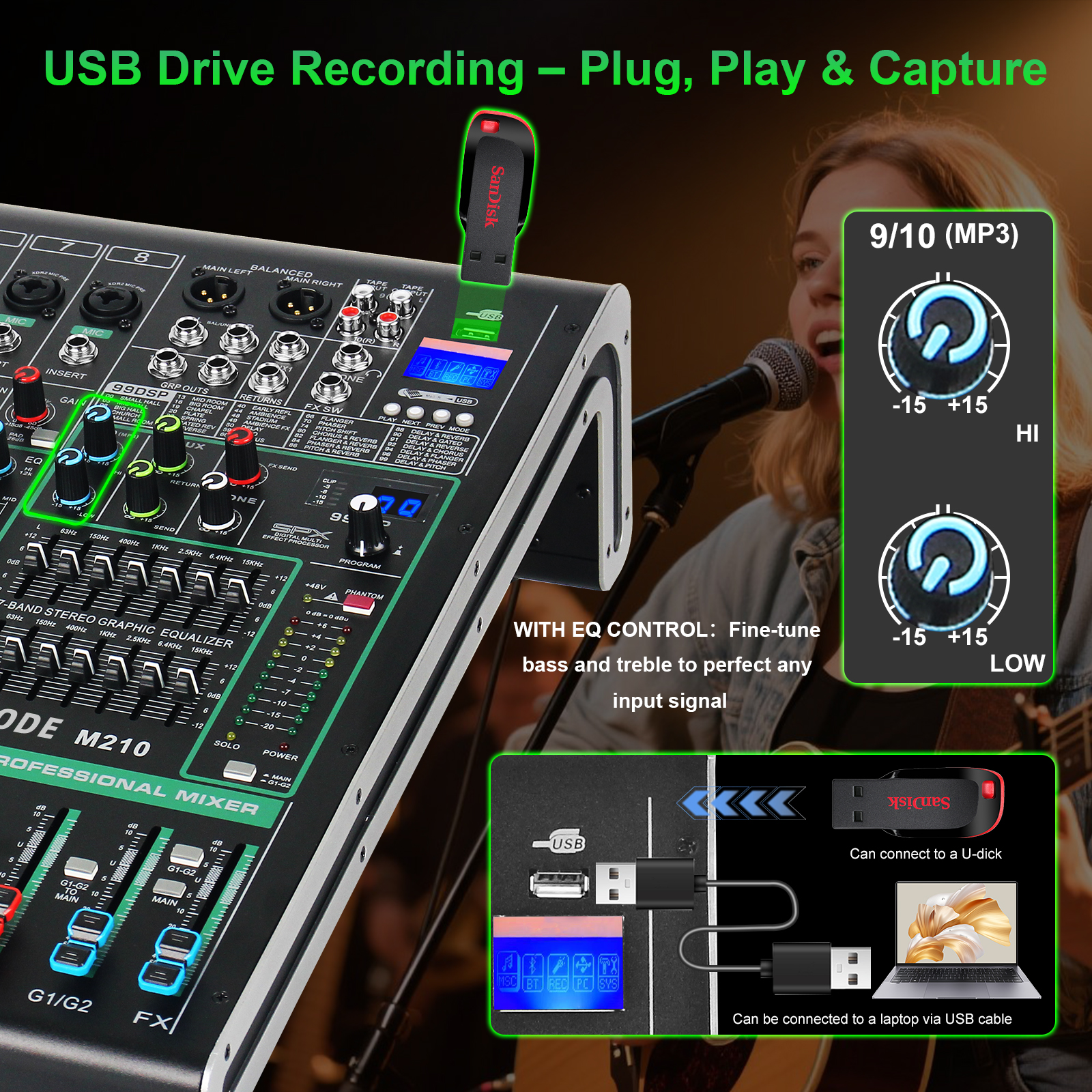 10 Channel Mixer Audio, Professional Music Sound PA Mixer DJ Mixing Board Console with 99 DSP Effects, Dual 7-Band EQ, Bluetooth, USB Interface, PAD, MUTE Button for Recording Stage Karaoke