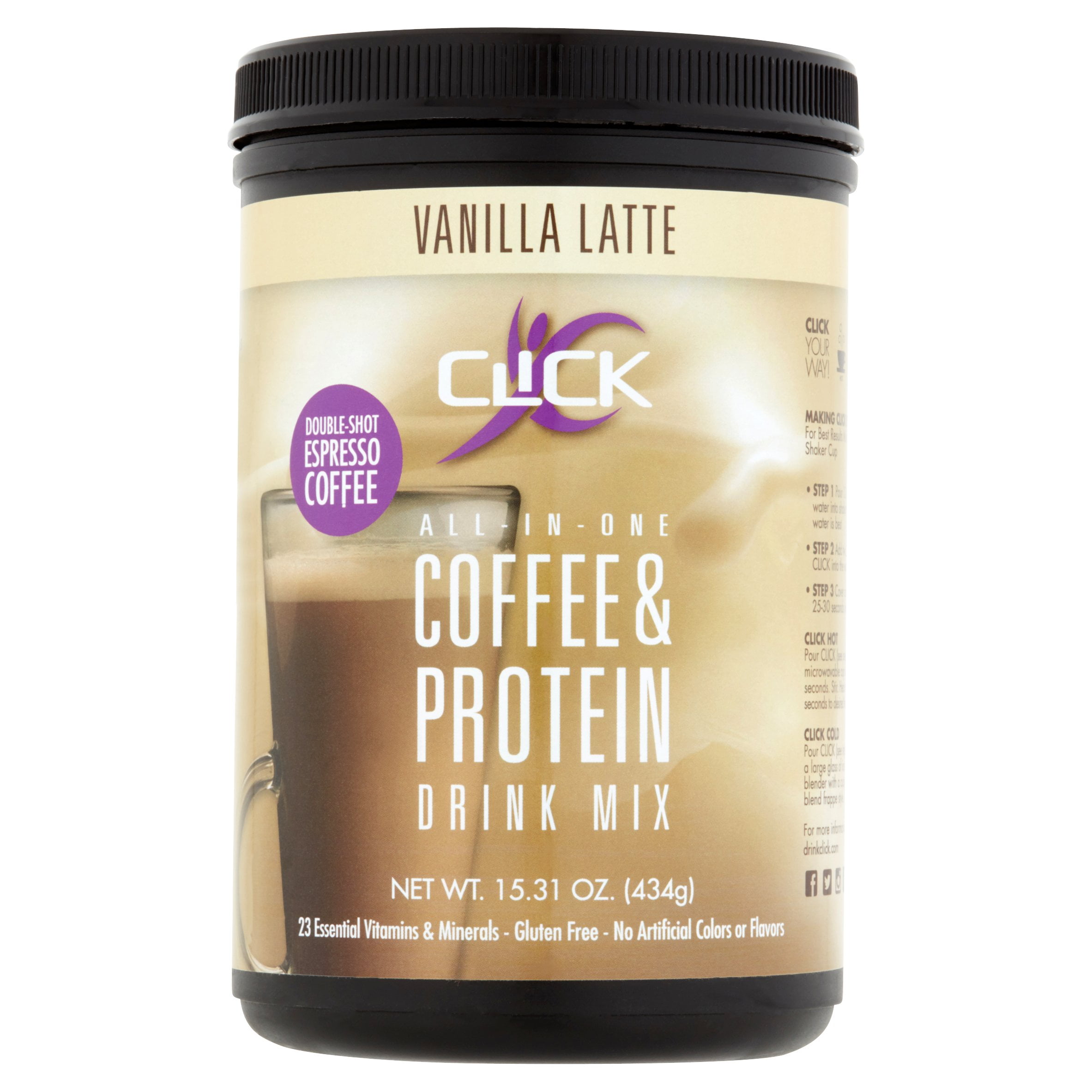 Click Coffee & Protein Powder, Vanilla Latte, 16g Protein, 1lb, 15.3oz
