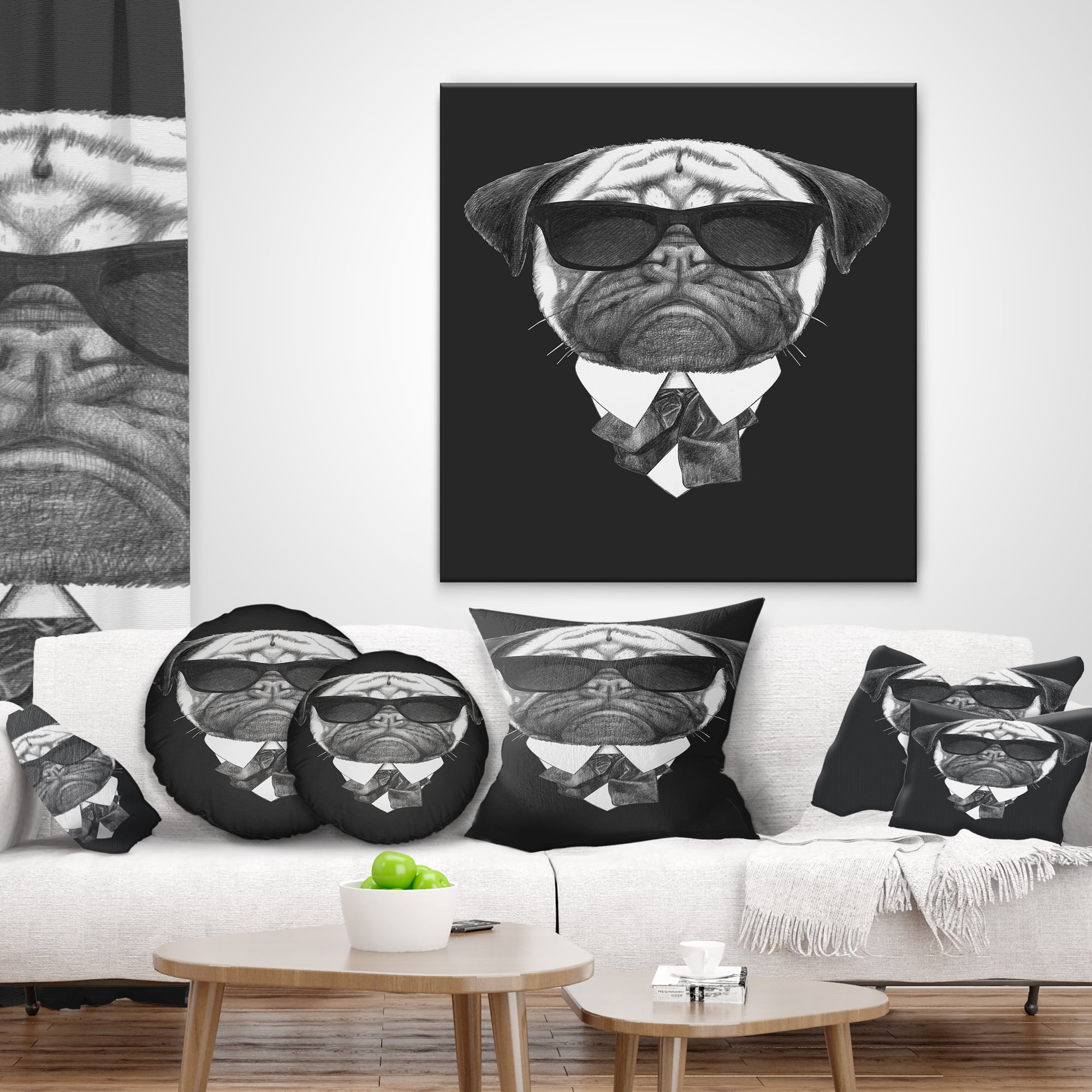 Designart Pug Dog Portrait in Suit - Animal Throw Pillow - 12x20