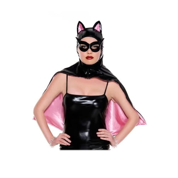 70668-BLK-PINK Wet Look Hooded Cat Cape with Mask Cape, Black & Pink