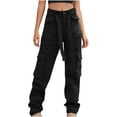 thumbnail image 2 of SELONE Cargo Pants Women With Pockets Denim Casual Long Pant Straight Leg Solid Pants Hippie Punk Trousers Jogger Loose Overalls s for Everyday Wear Running Errands Going to Work Casual Event Black S, 2 of 7