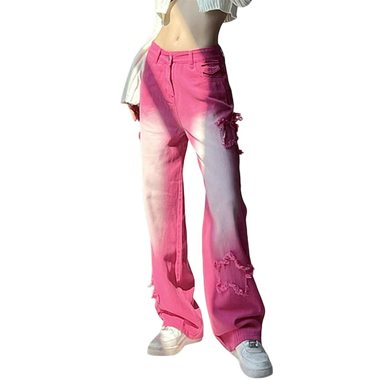 Pink Denim Pants for Women Casual Loose Ripped Button Zipper Pocket Jeans  Straight Wide Leg Trousers Jeans