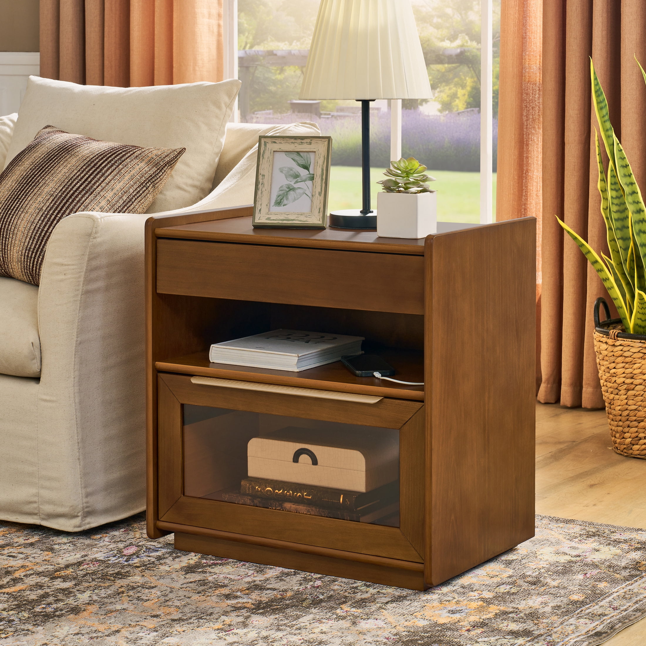Noble House Mid-Century Nightstand with Charging Station,  Glass Detail & Open Shelf, Farmhouse End Table, Dark Walnut
