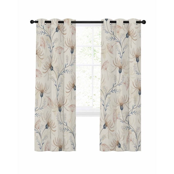 Beige Flowers Blackout Curtains, Light Blocking Print Window Curtains, Watercolor Farmhouse Botanical Floral Thermal Insulated Window Drapes for Living Room Kitchen Cafe 2 Panels, 84"W x 63"L
