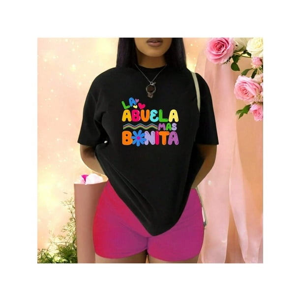 Letras Playera Blusa Con Estampado De La Abuela Mas Bonita Ropa Para Mujer Color Negro Talla Chica Marca Emil SaEs