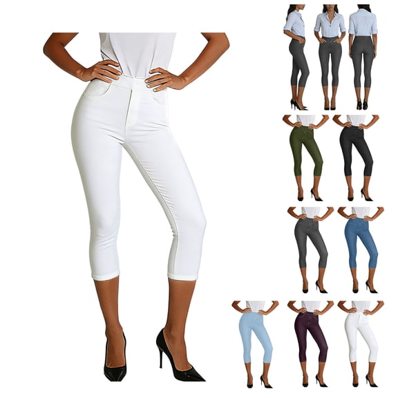 Oksale Capri Jeans for Women Plus Size Stretch Denim Pants Casual Slim Yoga Leggings Fitness Workout Summer Trousers with Pockets White M